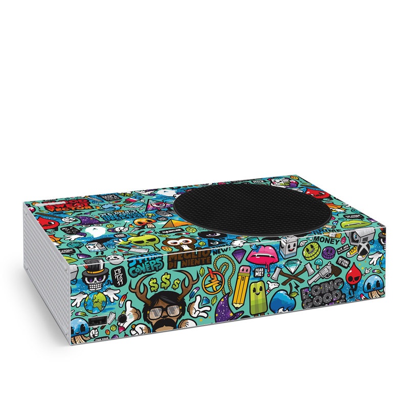 Xbox Series S Skin design of Cartoon, Art, Pattern, Design, Illustration, Visual arts, Doodle, Psychedelic art, with black, blue, gray, red, green colors