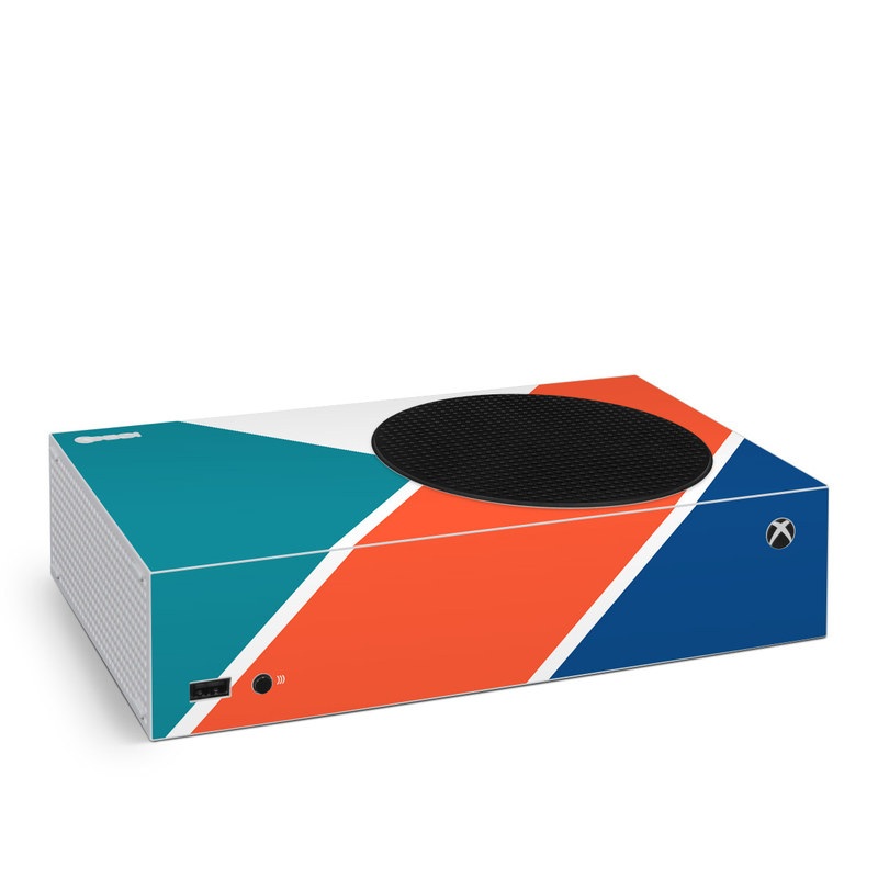 Xbox Series S Skin design of Blue, Orange, Line, Turquoise, Flag, Electric blue, Pattern, Parallel, with white, blue, red, orange, green colors