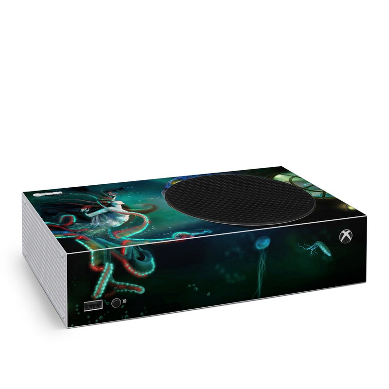 Xbox Series S Skin design of Cg artwork, Illustration, Art, Fictional character, Fiction, Space, Fractal art, Graphic design, Mythology, Graphics, with black, gray, blue, green colors