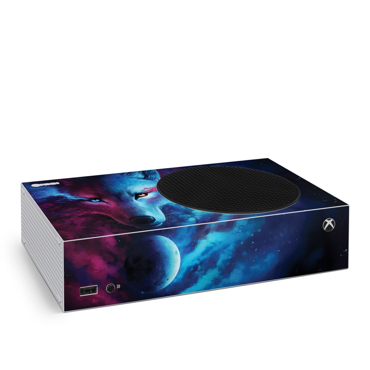 Xbox Series S Skin design of Dog, Carnivore, Organism, Iris, Painting, Art, Whiskers, Cg artwork, Electric blue, Space, with black, blue, purple, red colors