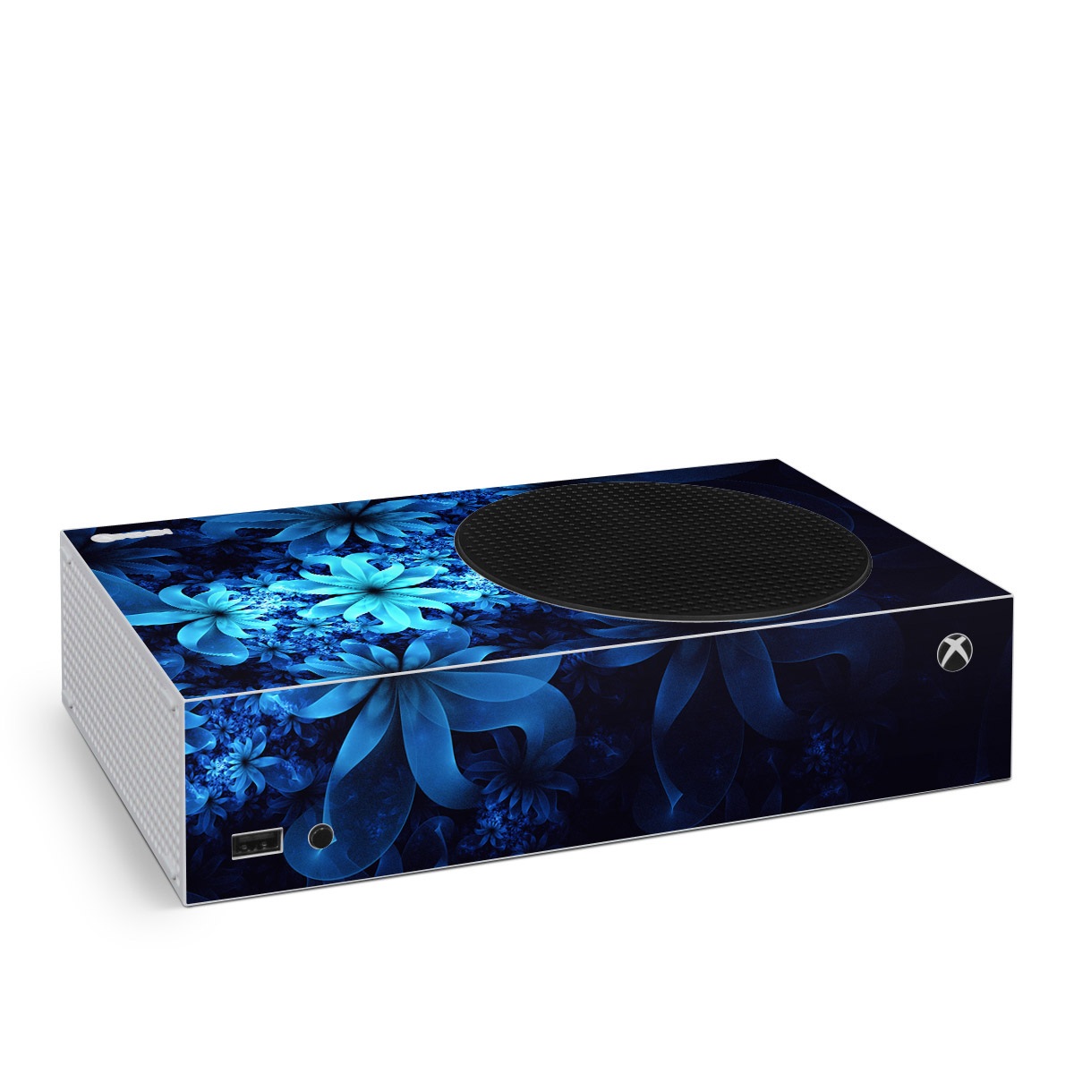 Xbox Series S Skin design of Nature, Blue, Petal, Organism, Darkness, Flower, Colorfulness, Electric Blue, Majorelle Blue, Pattern, Botany, Still Life Photography, Space, Aquatic Plant, Fractal Art, Visual Arts, Illustration, Symmetry, Midnight, Wildflower, Painting, Still Life, with black, blue, white colors