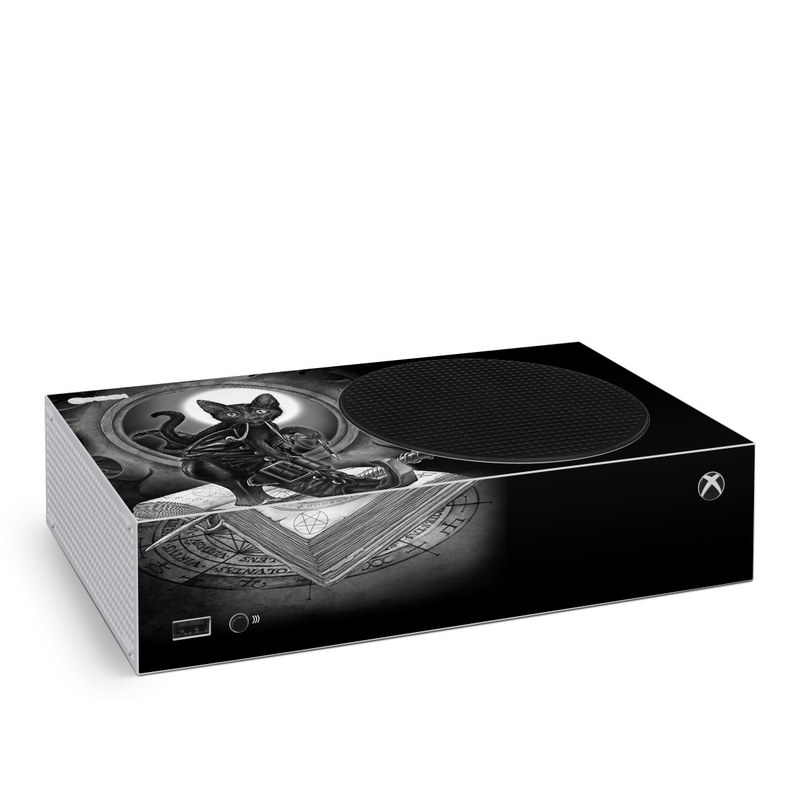 Xbox Series S Skin design of Cat, Boot, Book, Wand, Shoelace, Mirror, with black, white, gray colors