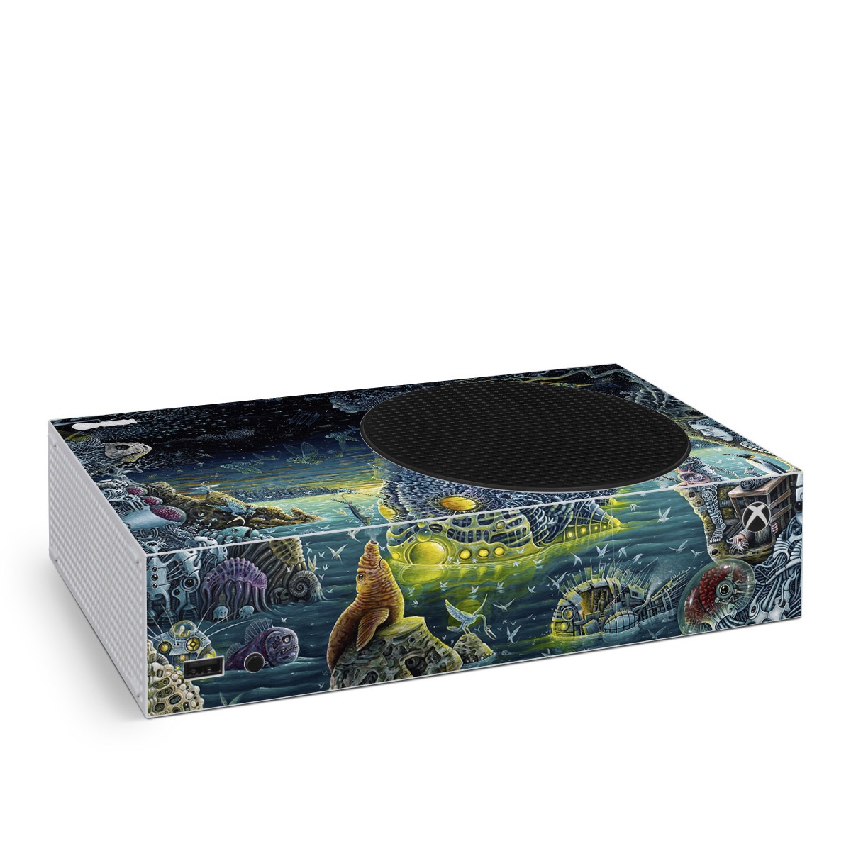 Xbox Series S Skin design of Organism, Water, Illustration, Art, Painting, Cg artwork, Fiction, Fictional character, Marine biology, Mythology, with black, gray, blue, green colors