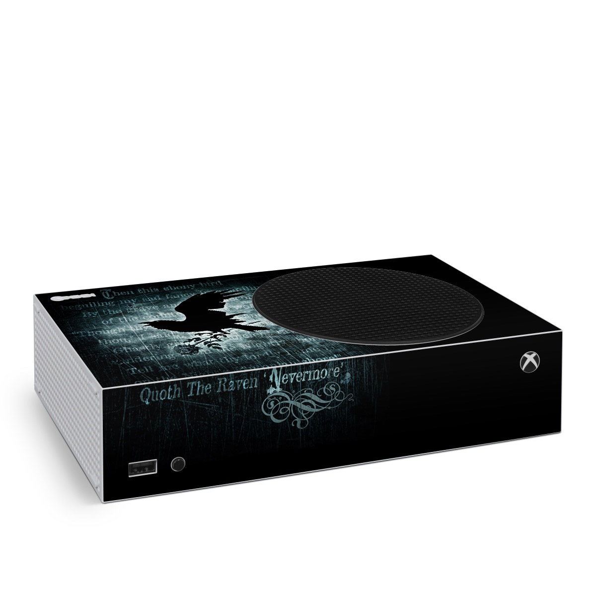 Xbox Series S Skin design of Bird, Text, Wing, Graphic design, Darkness, Font, Illustration, Graphics, with black, white, blue colors