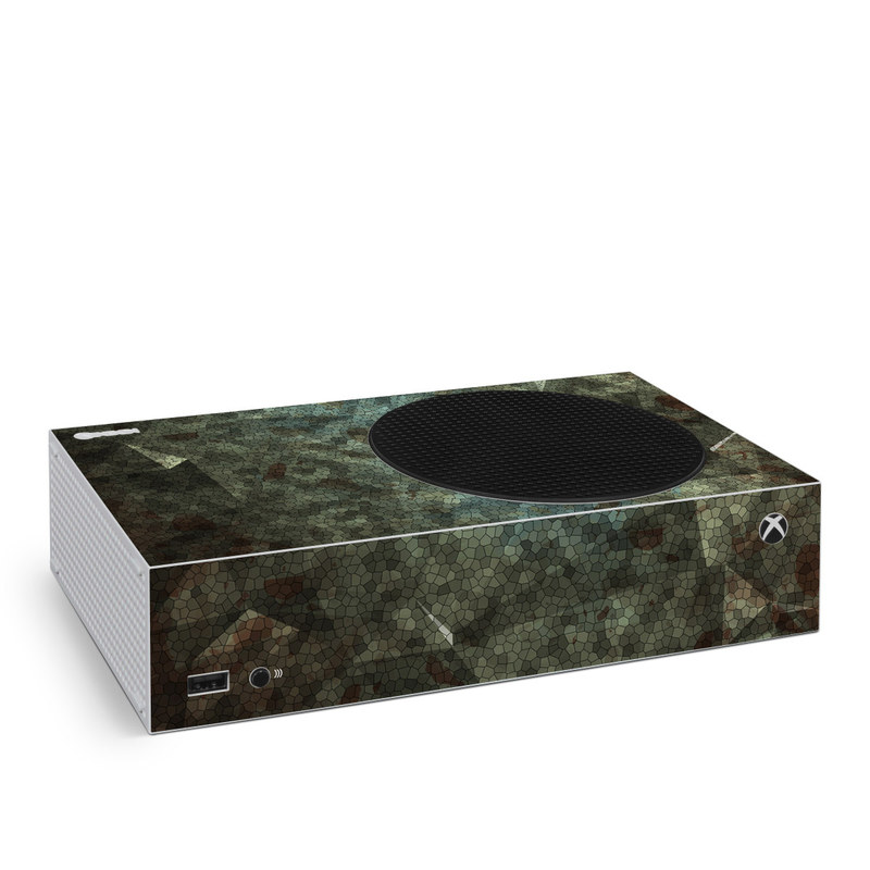 Xbox Series S Skin design of Green, Pattern, Brown, Wall, Design, Rock, Geology, Camouflage, Granite, Metal, with black, brown, blue, gray, white colors