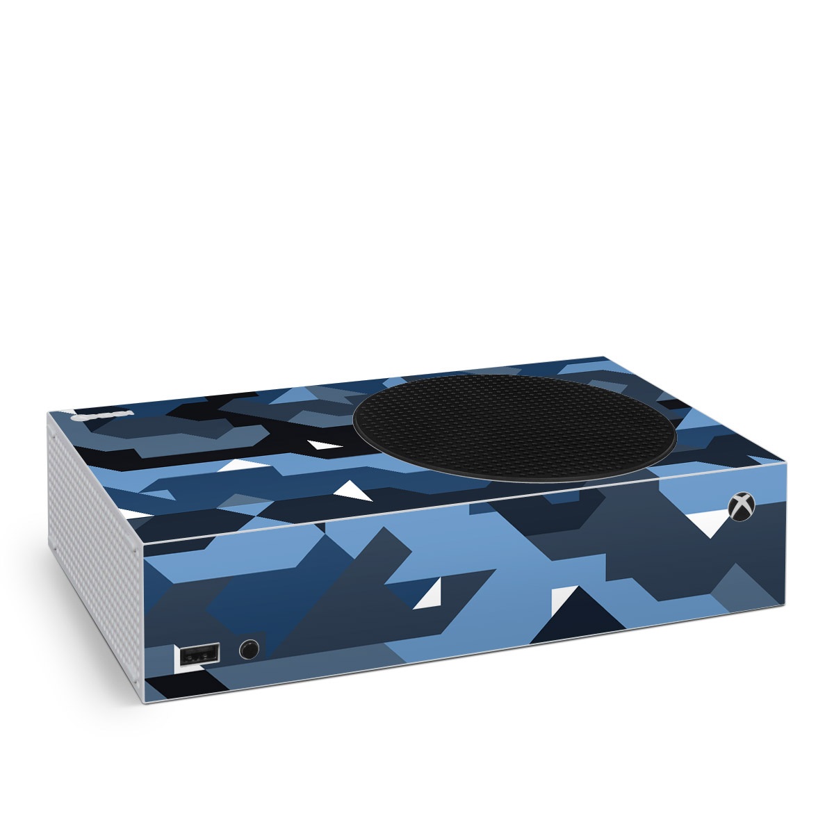 Xbox Series S Skin design of Blue, Pattern, Design, Font, Line, Camouflage, Illustration, Triangle, with blue, black, white, gray colors
