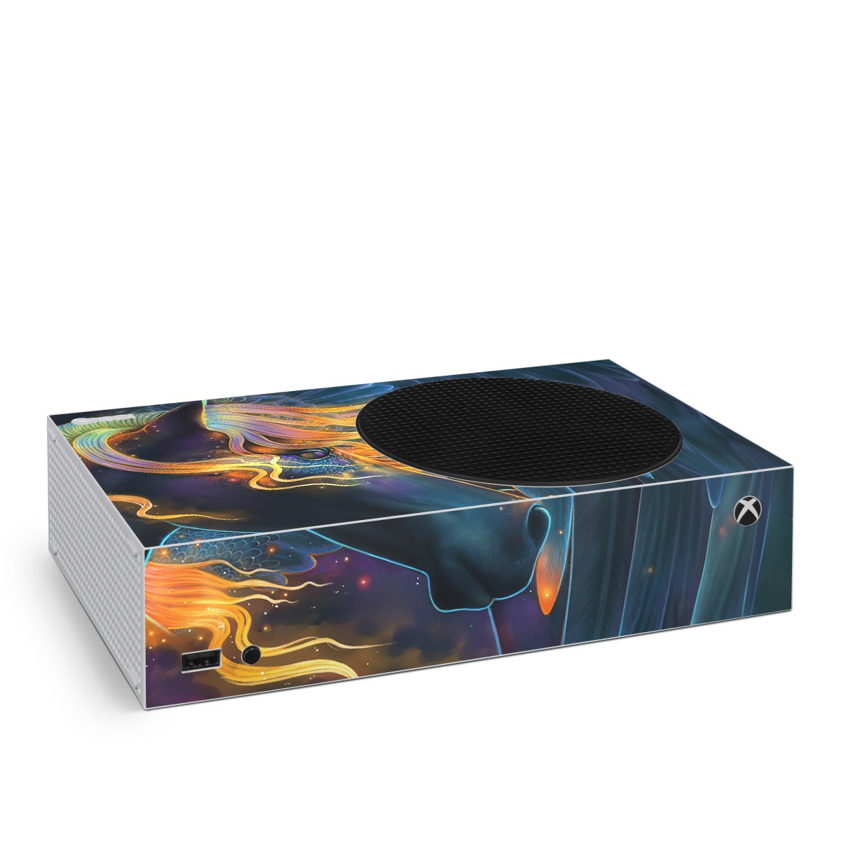 Xbox Series S Skin design of Organism, Astronomical object, Art, Electric blue, Space, Darkness, Liquid, Science, Graphics, Visual arts, with black, blue, yellow, white, orange, purple, red colors