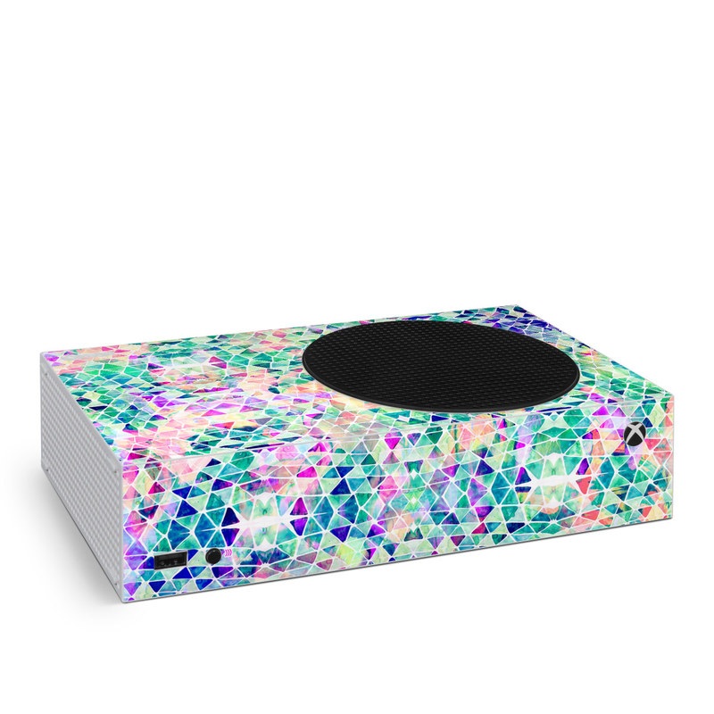 Xbox Series S Skin design of Pattern, Aqua, Line, Teal, Purple, Turquoise, Design, with white, blue, purple, orange, green colors