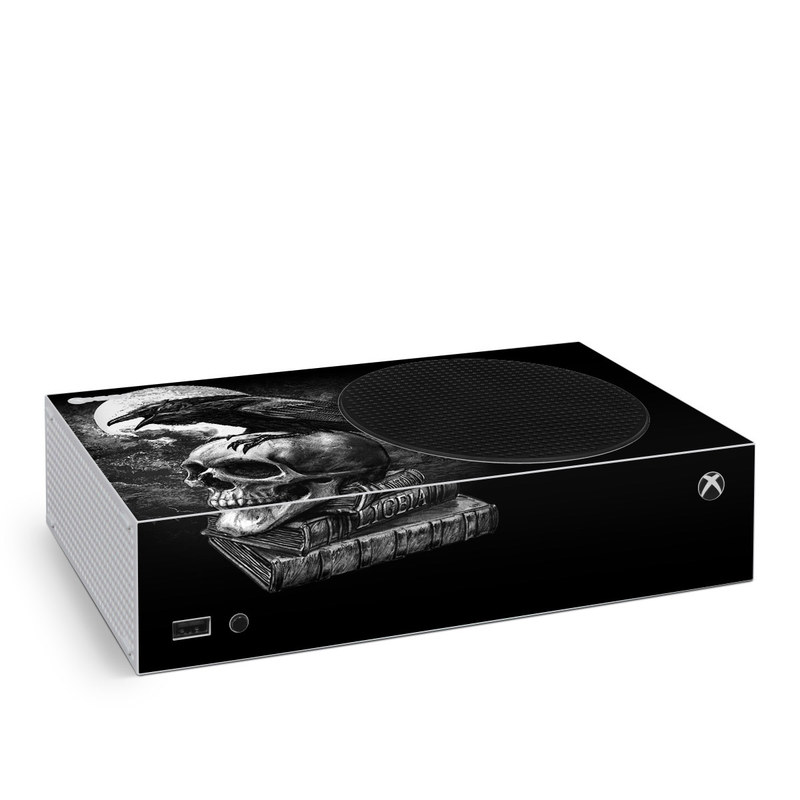 Xbox Series S Skin design of Bone, Skull, Bird, Darkness, Monochrome, Wing, Black-and-white, Illustration, Beak, Fictional Character, Drawing, Symbol, with black, white, gray colors