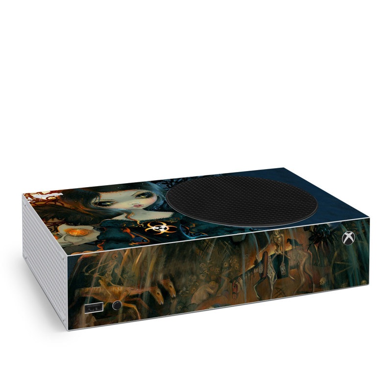 Xbox Series S Skin design of Doll, Head, Illustration, Eye, Cg artwork, Fictional character, Toy, Iris, Art, Mythology, with brown, red, black, orange, blue, yellow colors