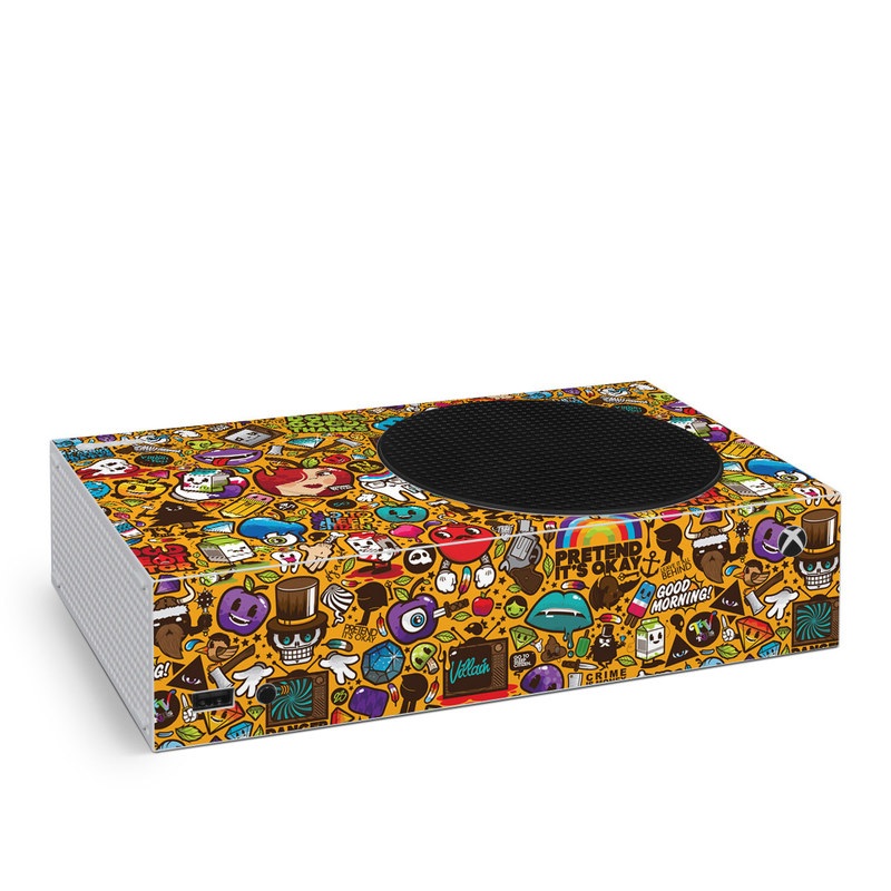 Xbox Series S Skin design of Pattern, Psychedelic art, Visual arts, Art, Design, Illustration, Graphic design, Doodle, with black, green, red, gray, orange, blue colors