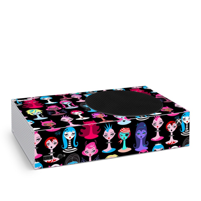 Xbox Series S Skin design of Facial expression, Product, Font, Pink, Red, Magenta, Material property, Pattern, Fictional character, Illustration, with black, pink, blue, brown, red, green, white, yellow colors