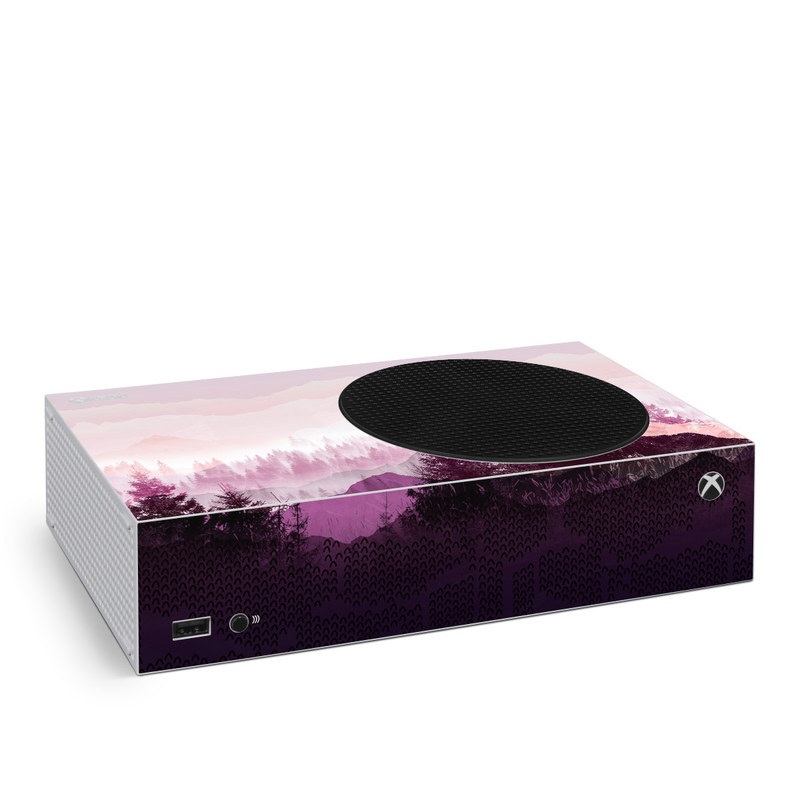 Xbox Series S Skin design of Sky, Purple, Atmospheric phenomenon, Pink, Natural landscape, Violet, Mountain, Tree, Morning, Mountain range, with white, purple, black, pink colors