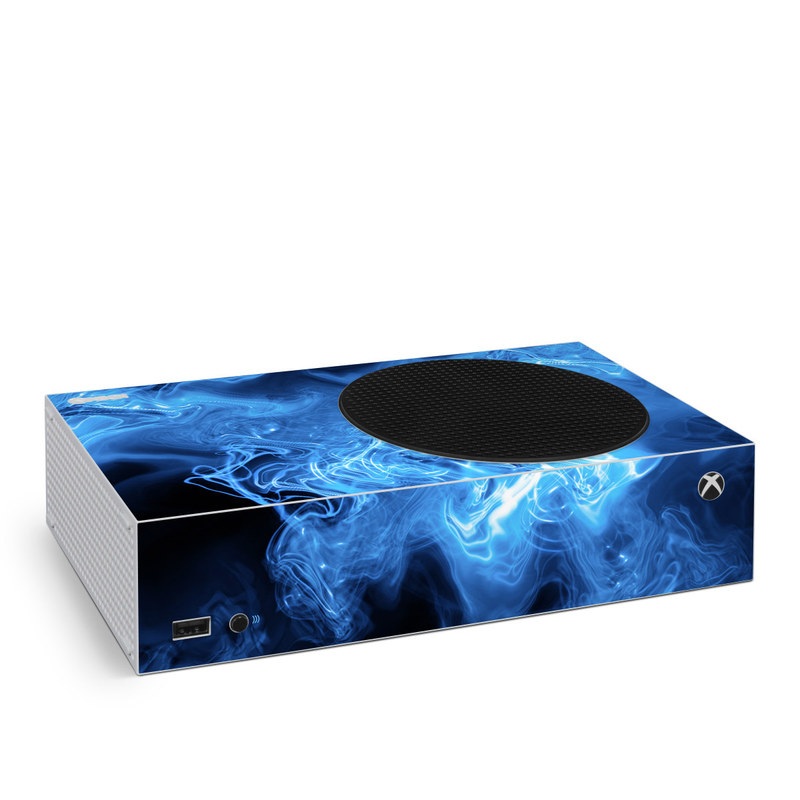 Xbox Series S Skin design of Blue, Water, Electric blue, Organism, Pattern, Smoke, Liquid, Art, with blue, black, purple colors