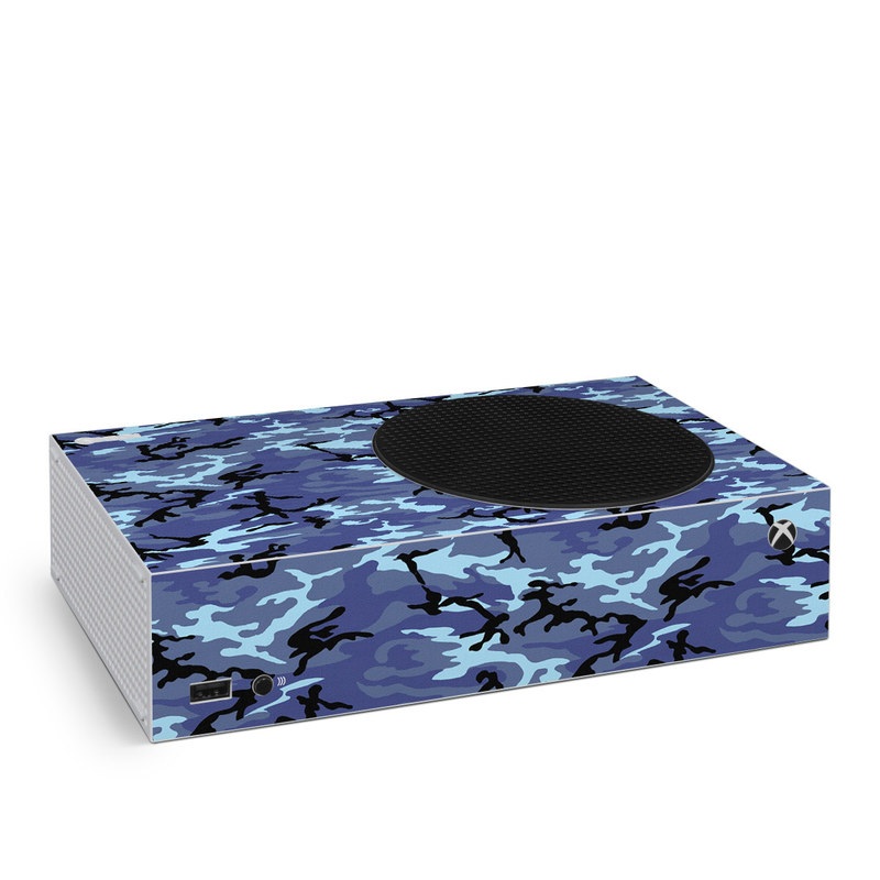 Xbox Series S Skin design of Military camouflage, Pattern, Blue, Aqua, Teal, Design, Camouflage, Textile, Uniform, with blue, black, gray, purple colors