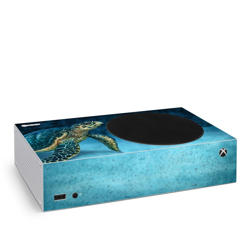 Xbox Series S Skin design of Water, Nature, Organism, Reptile, Turtle, Hawksbill sea turtle, Underwater, Wildlife, Sea turtle, Reef, with green, gray, blue, white colors
