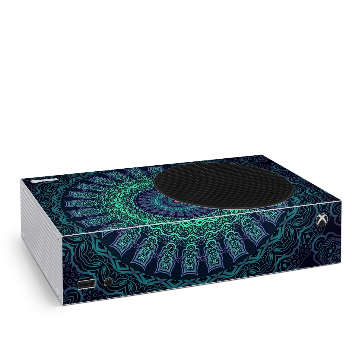Xbox Series S Skin design of Colorfulness, Blue, Green, Pattern, Teal, Turquoise, Art, Electric Blue, Aqua, Circle, Majorelle Blue, Visual Arts, Fractal Art, Design, Symmetry, Psychedelic Art, Graphics, Kaleidoscope, Motif, with black, green, red colors