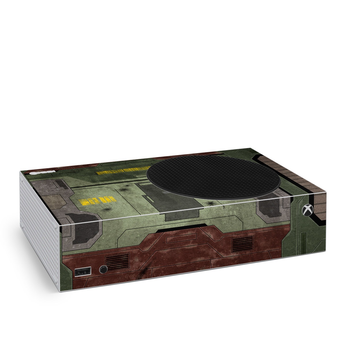 Xbox Series S Skin design of Rectangle, Screenshot, Font, Wood, Pattern, Symmetry, Machine, Gas, Parallel, Engineering, with red, green, yellow, black, gray, white colors