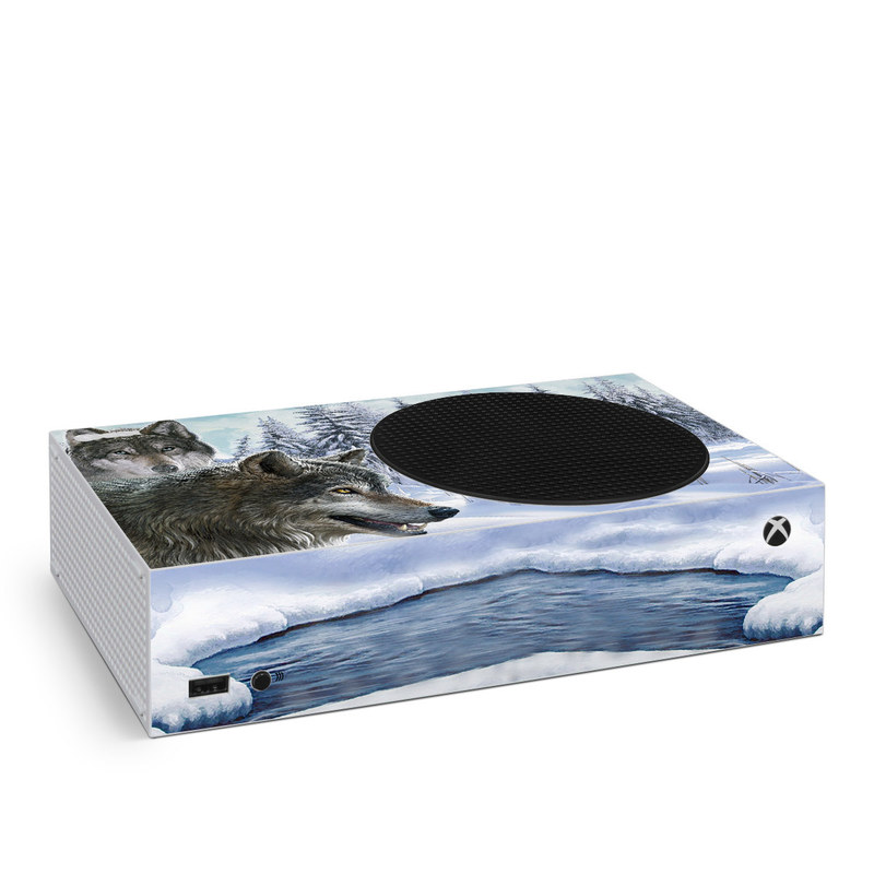 Xbox Series S Skin design of Mammal, Vertebrate, Wolf, Canidae, canis lupus tundrarum, Canis, Wildlife, Carnivore, Wolfdog, Dog, with gray, black, blue, purple colors