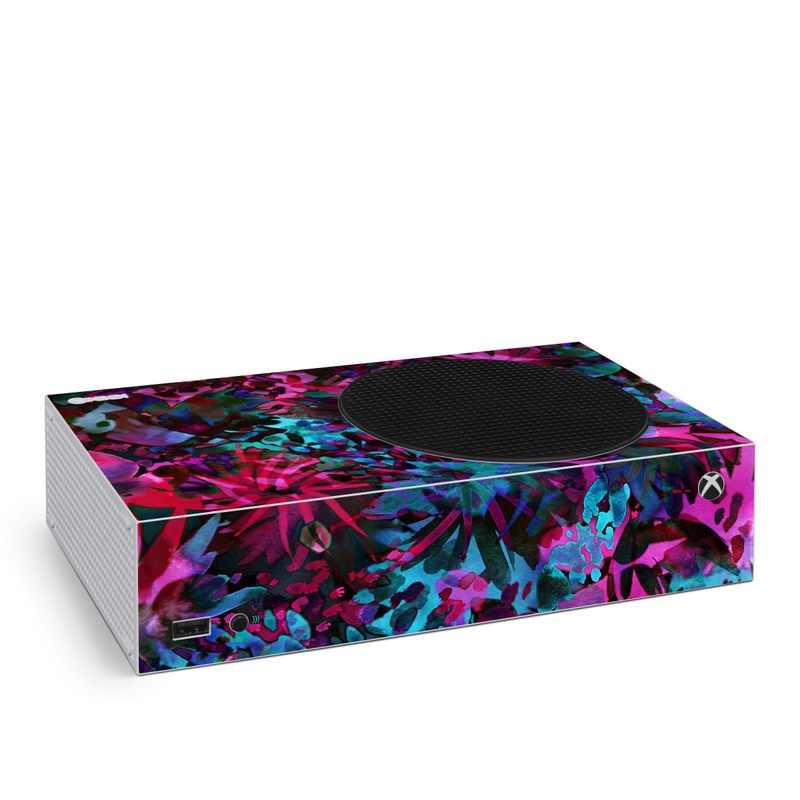 Xbox Series S Skin design of Pink, Purple, Violet, Lilac, Flower, Leaf, Plant, Magenta, Botany, Pattern, with black, pink, purple, blue, green colors