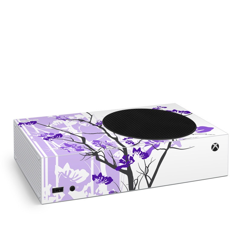 Xbox Series S Skin design of Branch, Purple, Violet, Lilac, Lavender, Plant, Twig, Flower, Tree, Wildflower, with white, purple, gray, pink, black colors