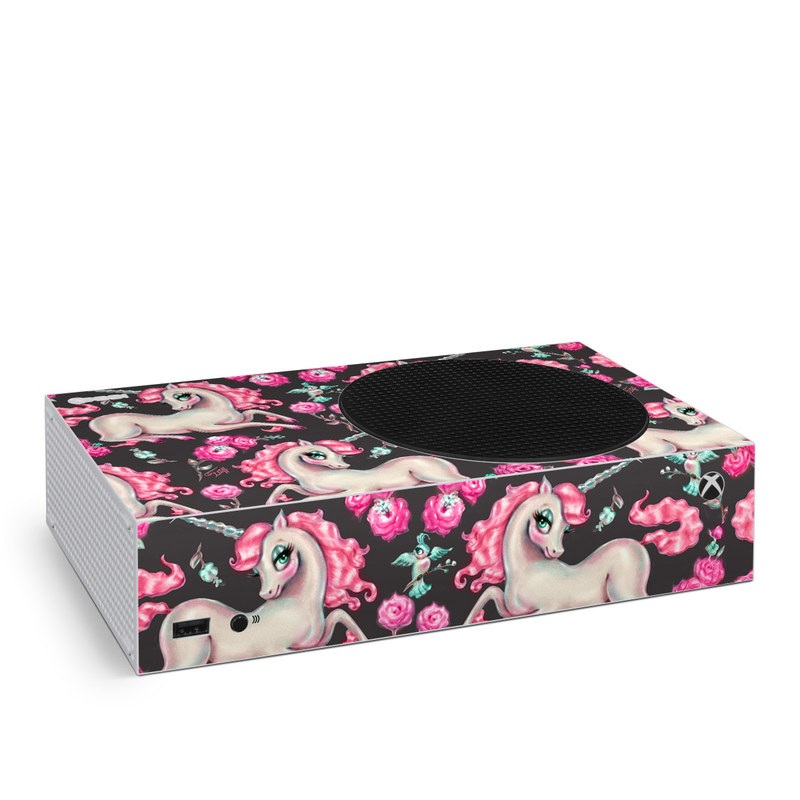 Xbox Series S Skin design of Pink, Horse, Pony, Fictional character, Unicorn, Mythical creature, Mane, Textile, Animal figure, Illustration, with white, pink, blue, black, red colors