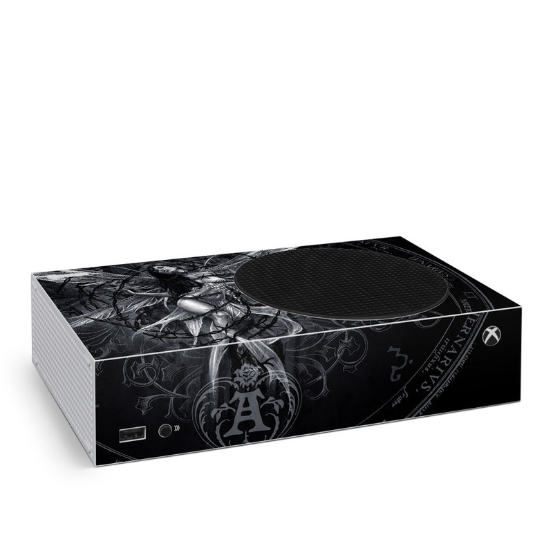 Xbox Series S Skin design of Illustration, Graphic design, Darkness, Fictional character, Black-and-white, Pattern, Graphics, Mythical creature, Circle, Wing, with black, white colors