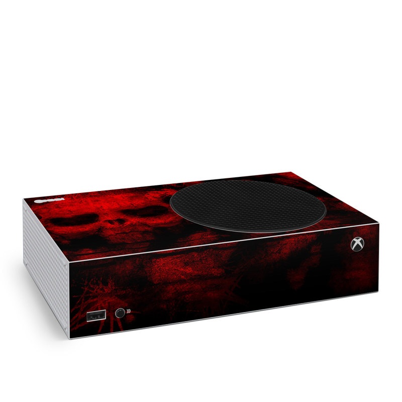 Xbox Series S Skin design of Red, Skull, Bone, Darkness, Mouth, Graphics, Pattern, Fiction, Art, Fractal art, with black, red colors