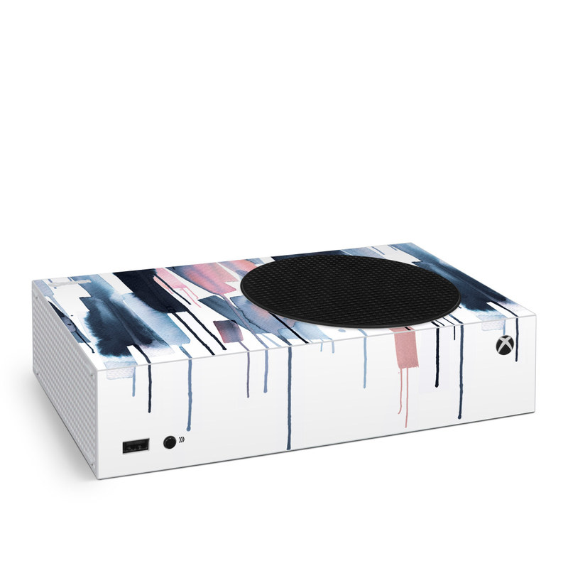 Xbox Series S Skin design of Gesture, Snow, Art, Freezing, Material property, Font, Fashion design, Sportswear, Electric blue, Magenta, with white, blue, pink, black colors
