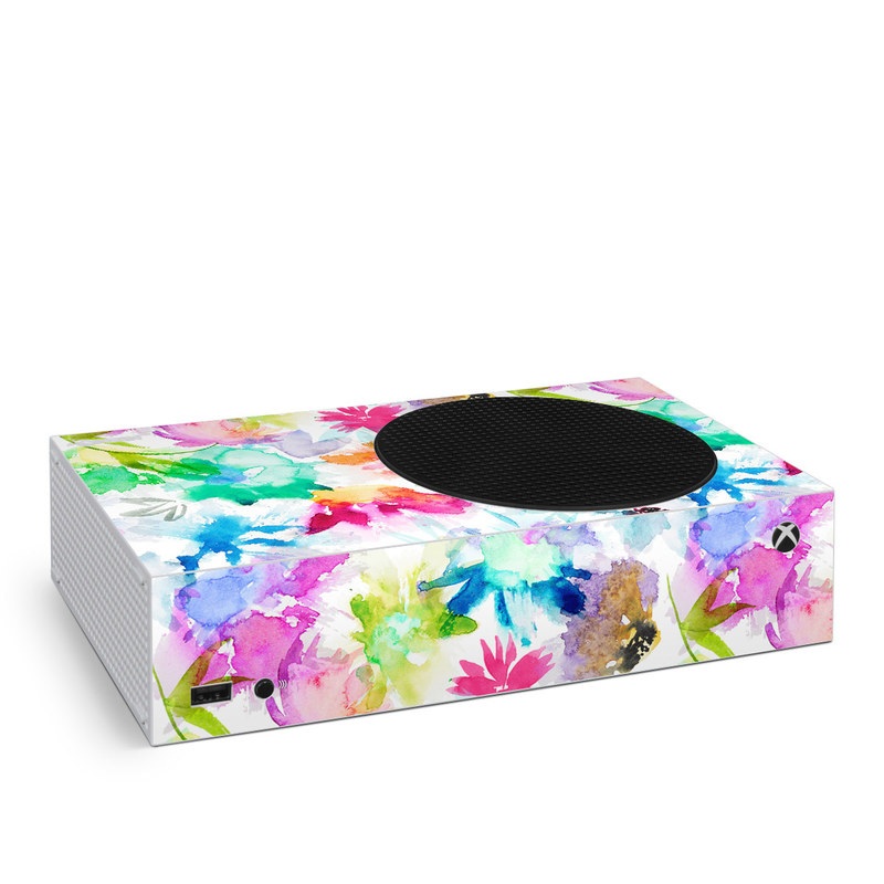 Xbox Series S Skin design of Art paint, Botany, Paint, Petal, Painting, Creative arts, Art, Line, Material property, Pattern, with white, blue, green, red, pink, purple, yellow colors
