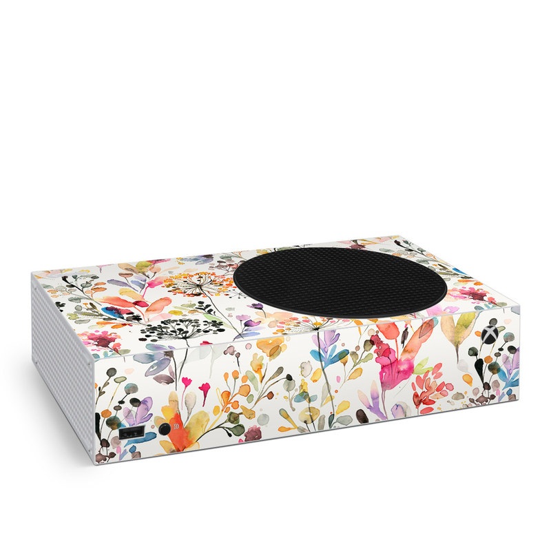 Xbox Series S Skin design of Flower, Petal, Rectangle, Branch, Creative arts, Plant, Line, Art, Painting, Font, with white, pink, red, yellow, orange, green, blue, purple colors