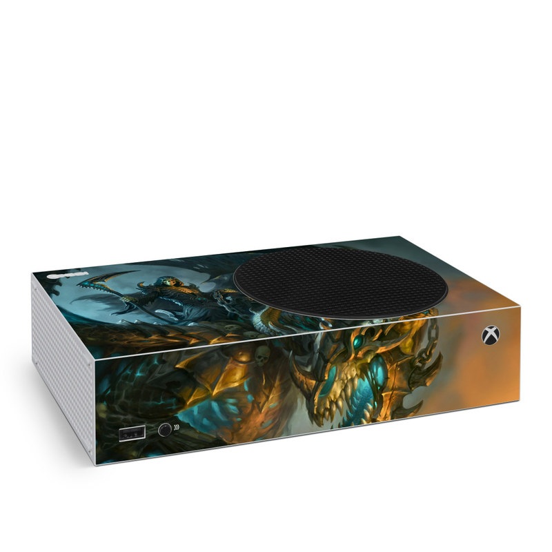 Xbox Series S Skin design of Dragon, Cg artwork, Fictional character, Mythical creature, Demon, Mythology, Illustration, Cryptid, Art, with orange, yellow, black, brown, blue, white colors