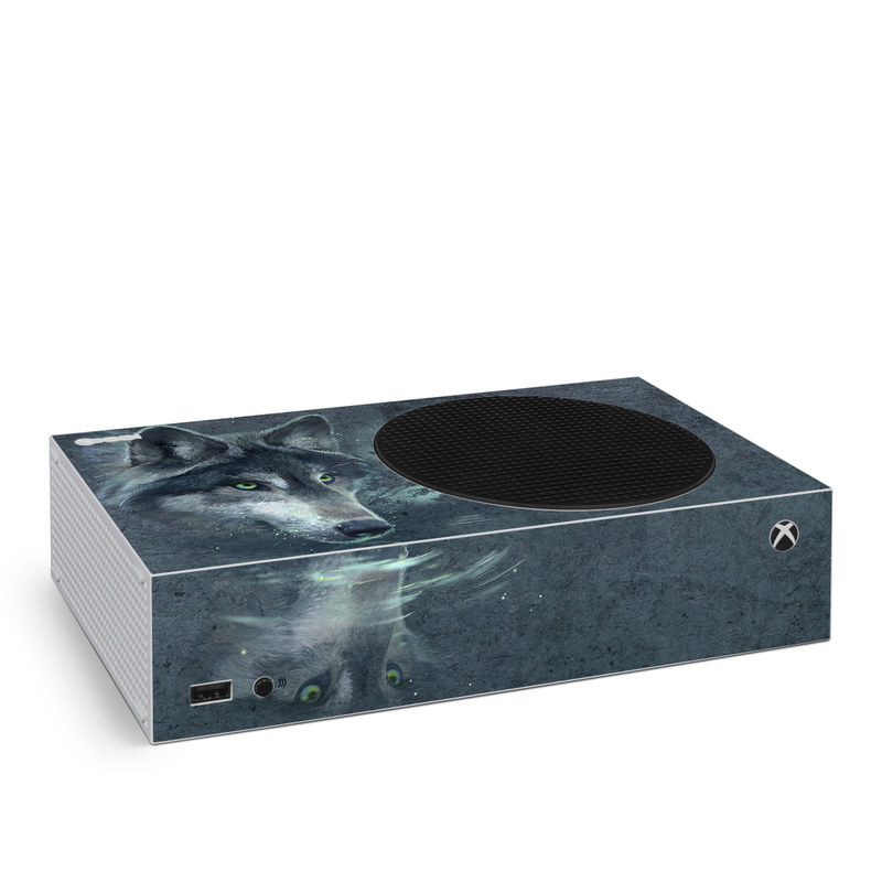 Xbox Series S Skin design of Wolf, Canidae, Wildlife, Red wolf, Canis, canis lupus tundrarum, Snout, Saarloos wolfdog, Wolfdog, Carnivore, with black, gray, blue colors