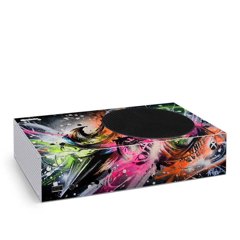 Xbox Series S Skin design of Graphic design, Fractal art, Art, Illustration, Design, Graphics, Cg artwork, Font, Visual arts, Pattern, with black, gray, red, green, purple, blue colors
