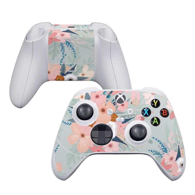 Xbox Series S Controller Skin design of Pattern, Aqua, Wrapping paper, Textile, Design, Floral design, Wildflower, Plant, Pedicel, Blossom, with pink, red, blue, white colors