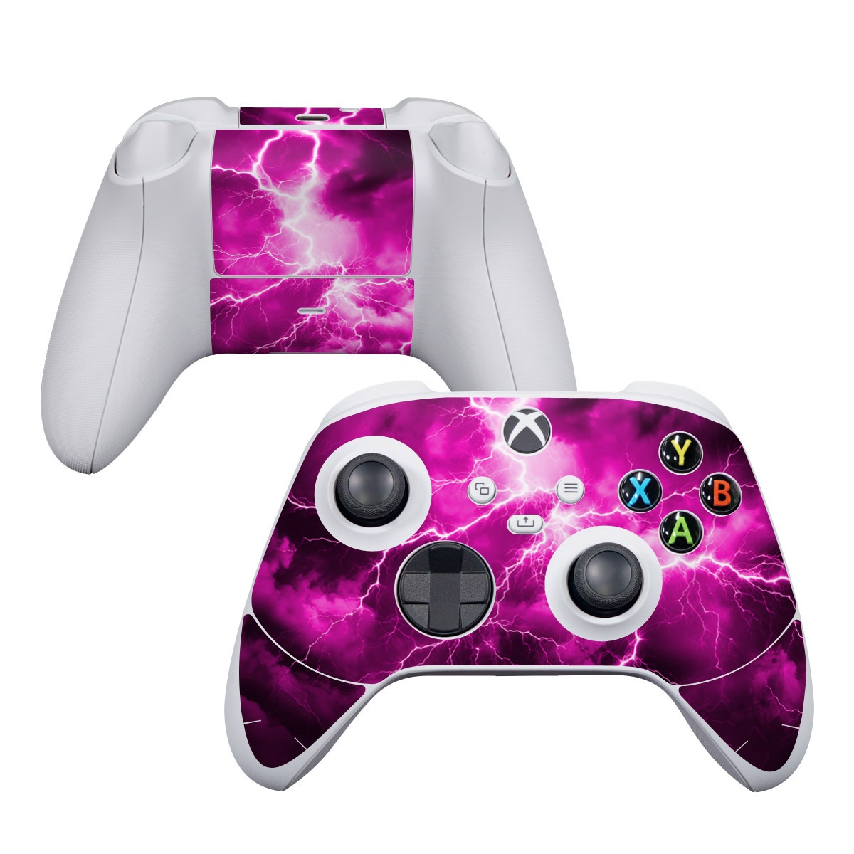 Xbox Series S Controller Skin design of Sky, Thunder, Lightning, Thunderstorm, Atmosphere, White, Purple, Light, Nature, Water, with black, pink colors