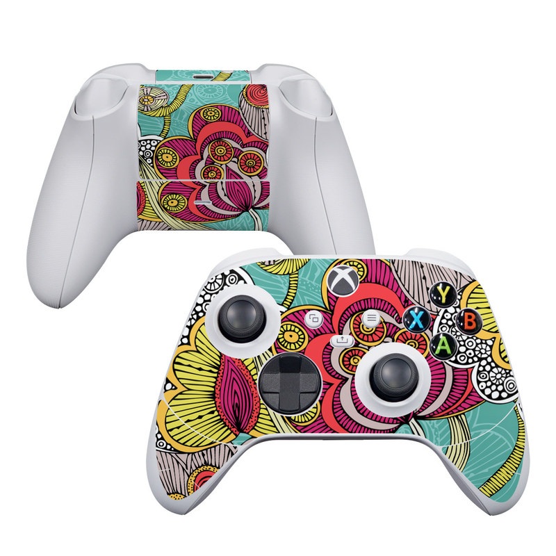 Xbox Series S Controller Skin design of Pattern, Visual arts, Motif, Floral design, Design, Art, Plant, Flower, Organism, Textile, with red, yellow, blue, gray, pink colors