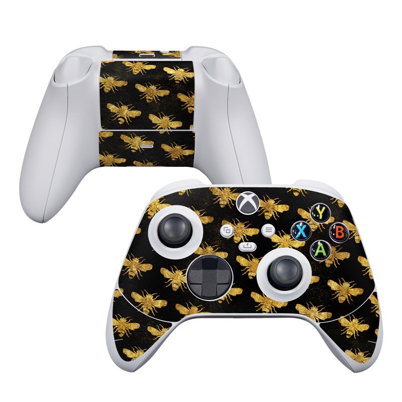 Xbox Series S Controller Skin design of Pattern, Yellow, Flower, Design, Plant, Wildflower, Textile, Metal with black, yellow colors