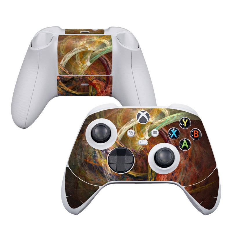 Xbox Series S Controller Skin design of Fractal art, Art, Painting, Visual arts, Modern art, Graphics, Artwork, Stock photography, Circle, Space, with brown, red, yellow, orange, green colors
