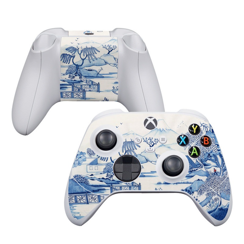 Xbox Series S Controller Skin design of Blue, Blue and white porcelain, Winter, Christmas eve, Illustration, Snow, World, Art, with blue, white colors
