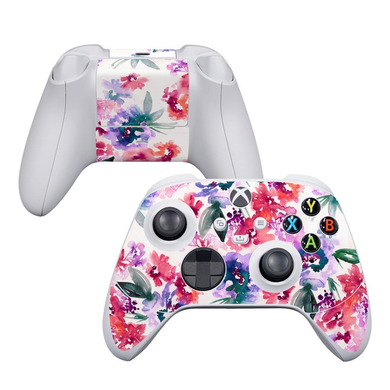 Xbox Series S Controller Skin design of Purple, Pattern, Pink, Lilac, Violet, Flower, Watercolor paint, Floral design, Plant, Design, with green, pink, red, purple, white colors