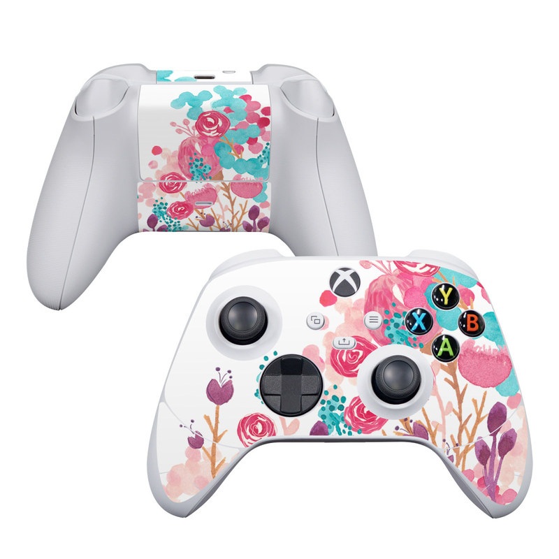 Xbox Series S Controller Skin design of Pink, Pattern, Design, Illustration, Clip art, Plant, Graphics, Art, with white, pink, purple, blue, red colors