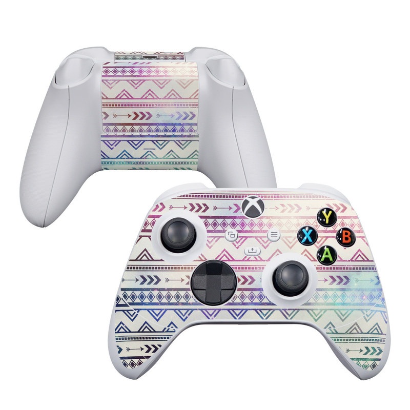 Xbox Series S Controller Skin design of Pattern, Line, Teal, Design, Textile, with gray, pink, yellow, blue, black, purple colors