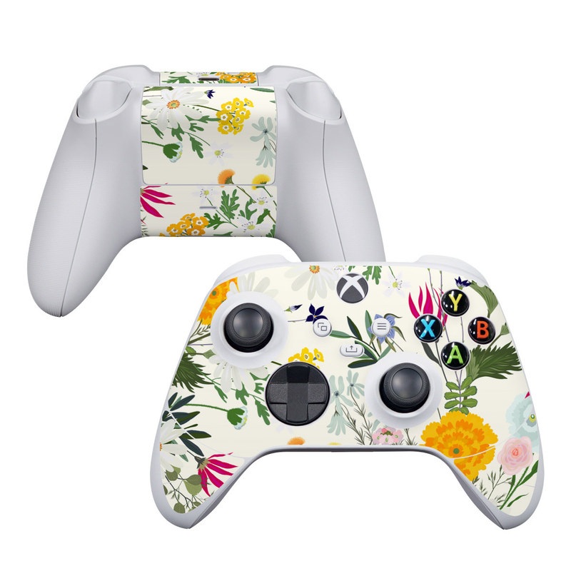 Xbox Series S Controller Skin design of Flower, Wildflower, chamomile, Floral design, Plant, camomile, Botany, Clip art, Cut flowers, Daisy, with white, green, pink, orange, yellow, red colors