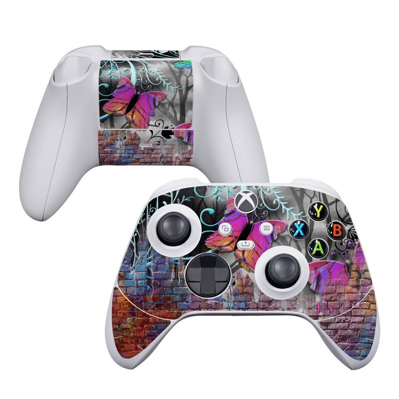 Xbox Series S Controller Skin design of Purple, Graphic design, Art, Pattern, Graffiti, Organism, Street art, Wall, Font, Illustration, with red, black, gray, purple, orange, blue, green colors