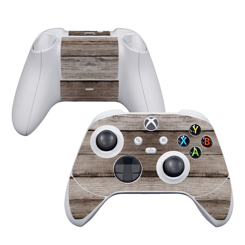 Xbox Series S Controller Skin design of Wood, Plank, Wood stain, Hardwood, Line, Pattern, Floor, Lumber, Wood flooring, Plywood, with brown, black colors