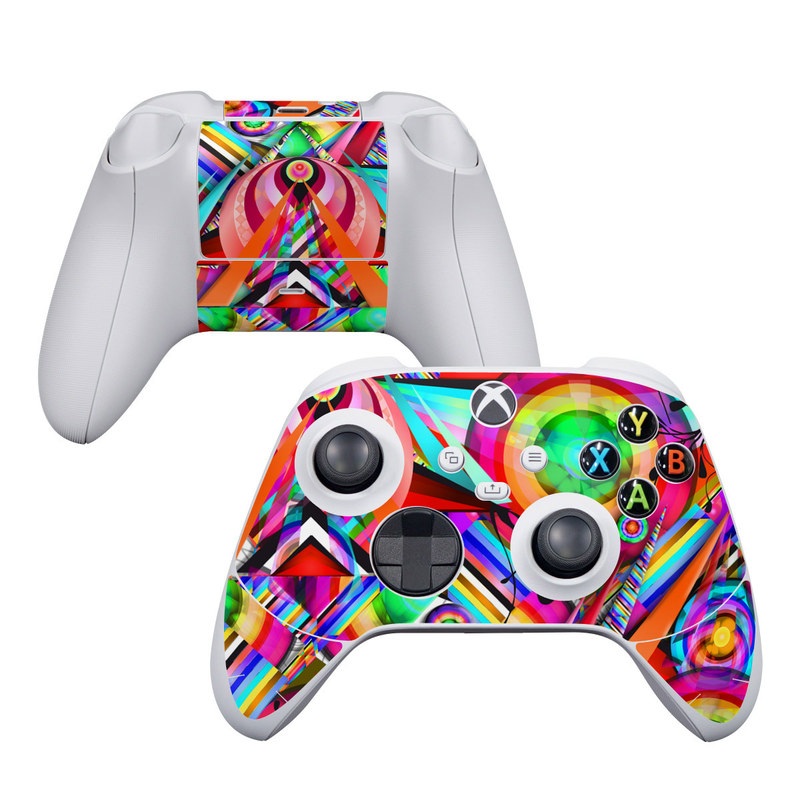Xbox Series S Controller Skin design of Psychedelic art, Pattern, Design, Graphic design, Colorfulness, Visual arts, Circle, Art, with red, pink, green, yellow, orange colors