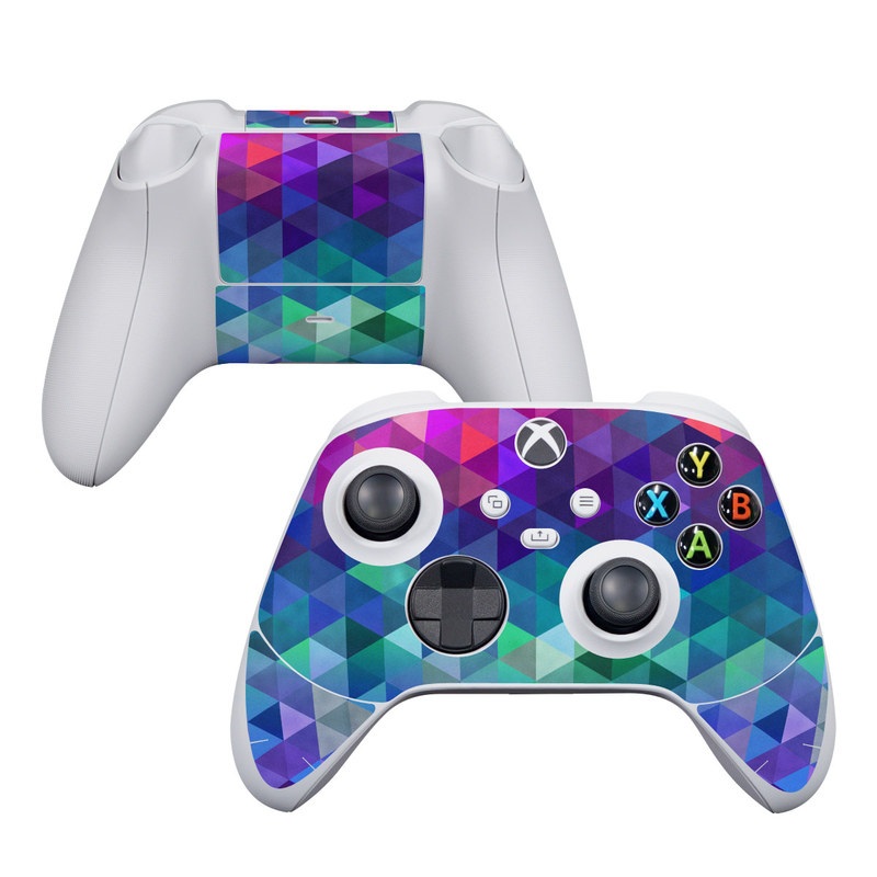 Xbox Series S Controller Skin design of Purple, Violet, Pattern, Blue, Magenta, Triangle, Line, Design, Graphic design, Symmetry, with blue, purple, green, red, pink colors
