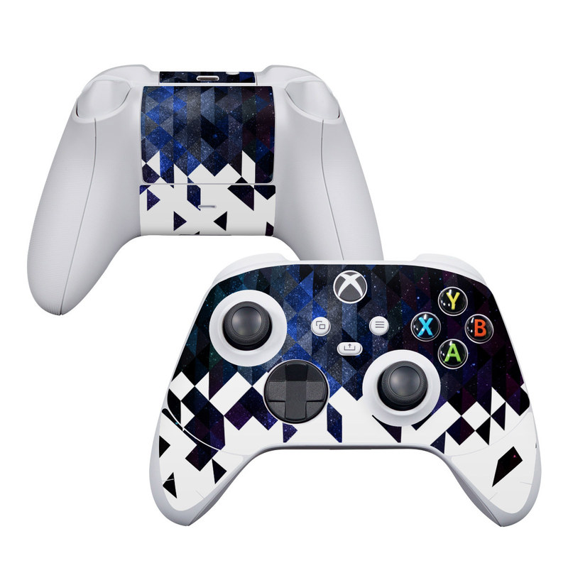 Xbox Series S Controller Skin design of Text, Pattern, Graphic design, Font, Purple, Design, Line, Triangle, Logo, Graphics, with black, blue, white colors