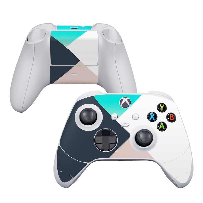 Xbox Series S Controller Skin design of Blue, Turquoise, Aqua, Line, Triangle, Design, Material property, Graphic design, Pattern, Architecture, with black, white, brown, blue colors